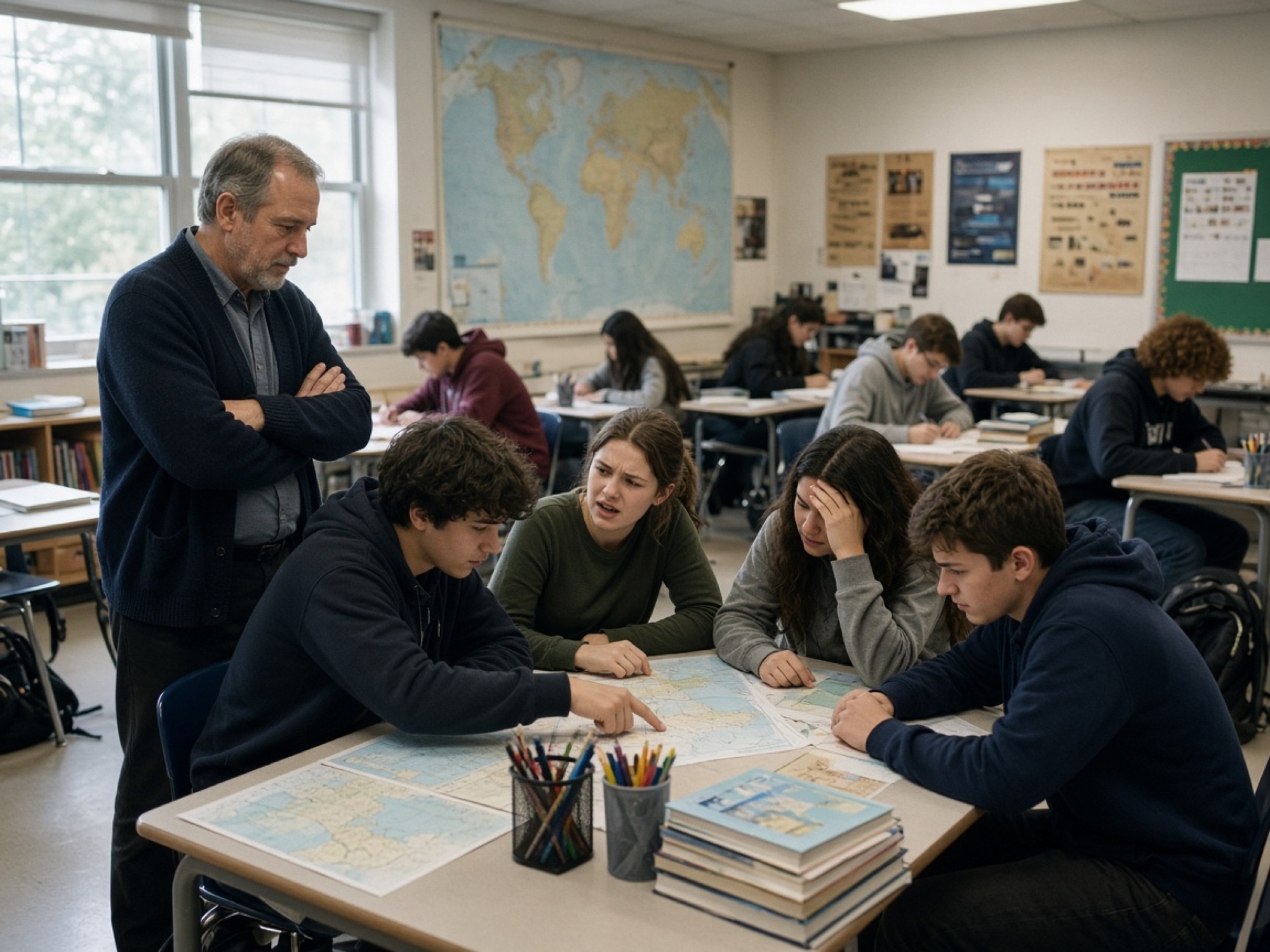 A teacher observing students as they work together around a classroom table